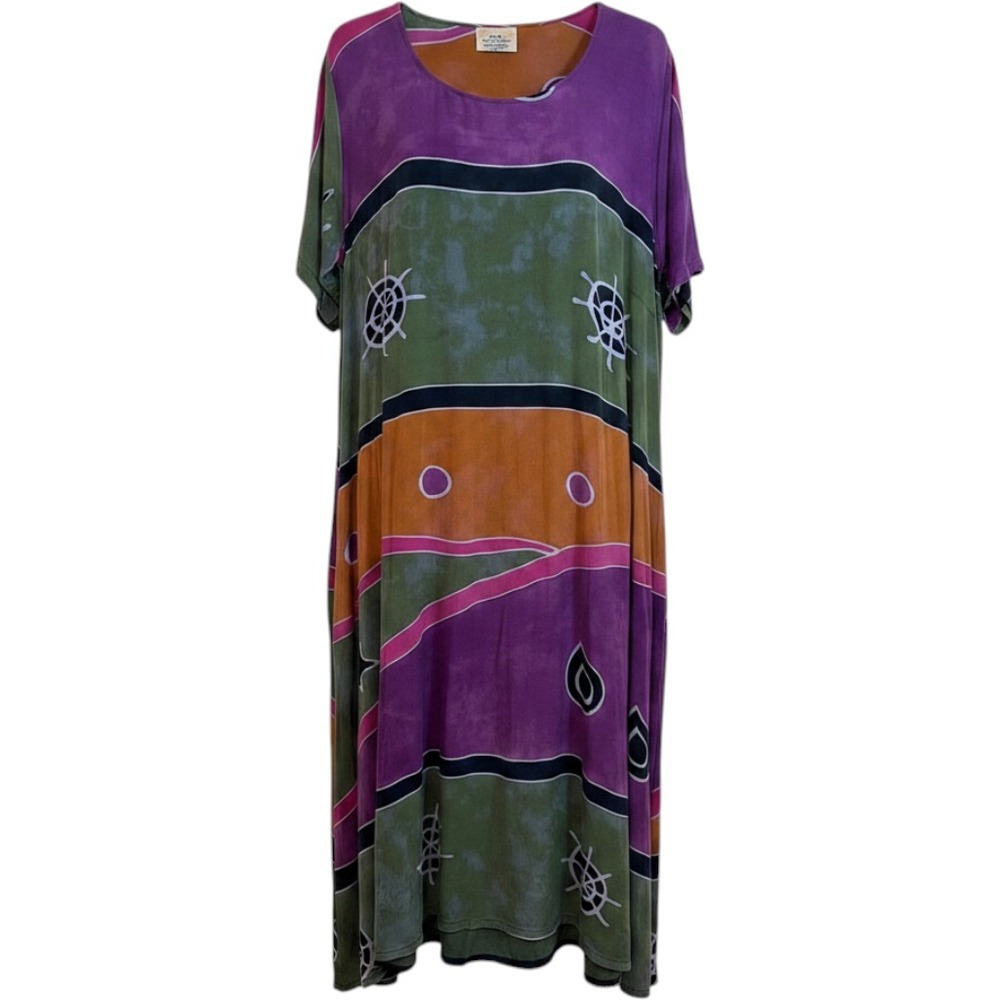 Simple People Batik Handmade Indonesia Rayon Maxi‎ Dress Multi Color Abstract OS